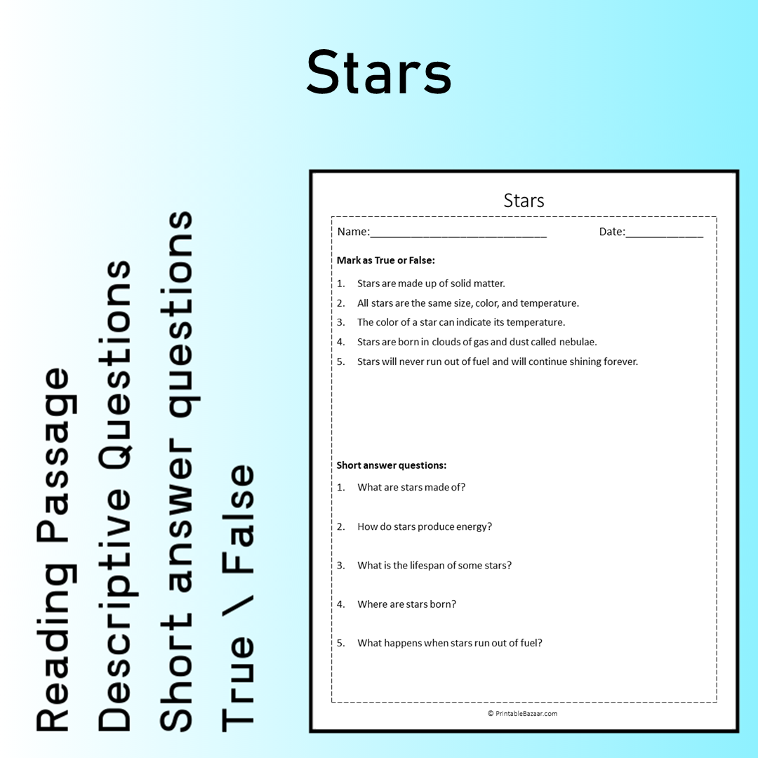 Stars | Reading Comprehension Passage Printable Worksheet