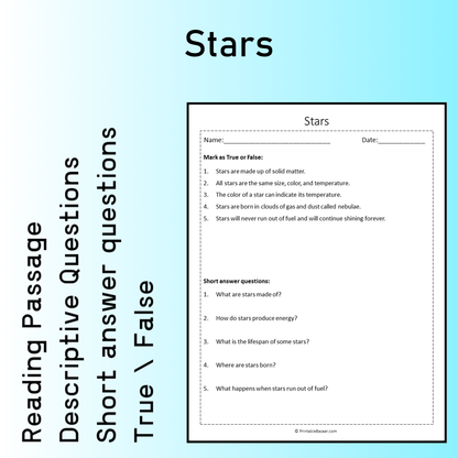 Stars | Reading Comprehension Passage Printable Worksheet