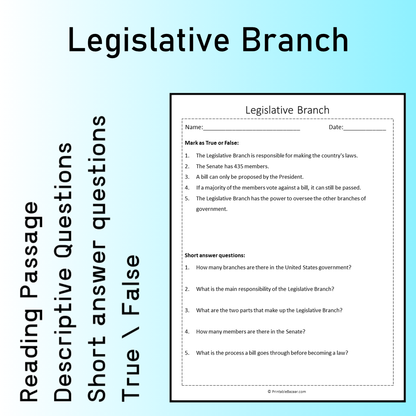 Legislative Branch | Reading Comprehension Passage Printable Worksheet