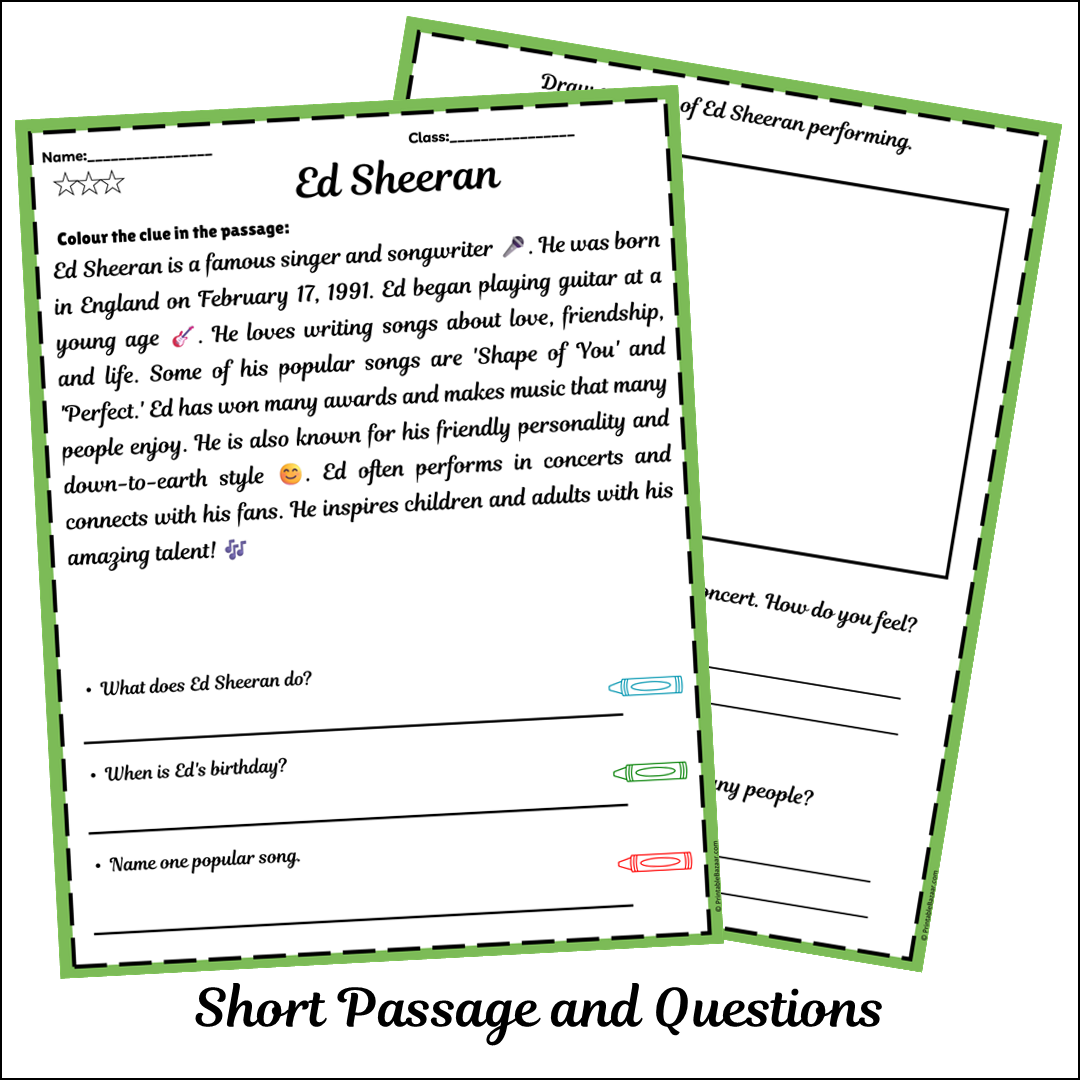 Ed Sheeran | Short Reading Comprehension Creative Worksheet