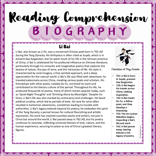 Li Bai | Biography Reading Comprehension and Questions Worksheet