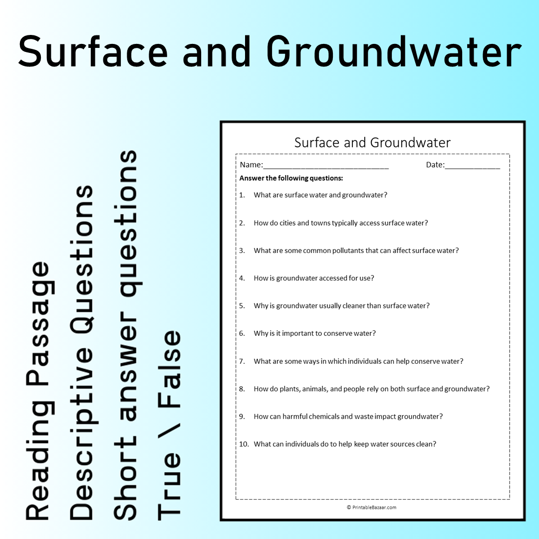 Surface and Groundwater | Reading Comprehension Passage Printable Worksheet