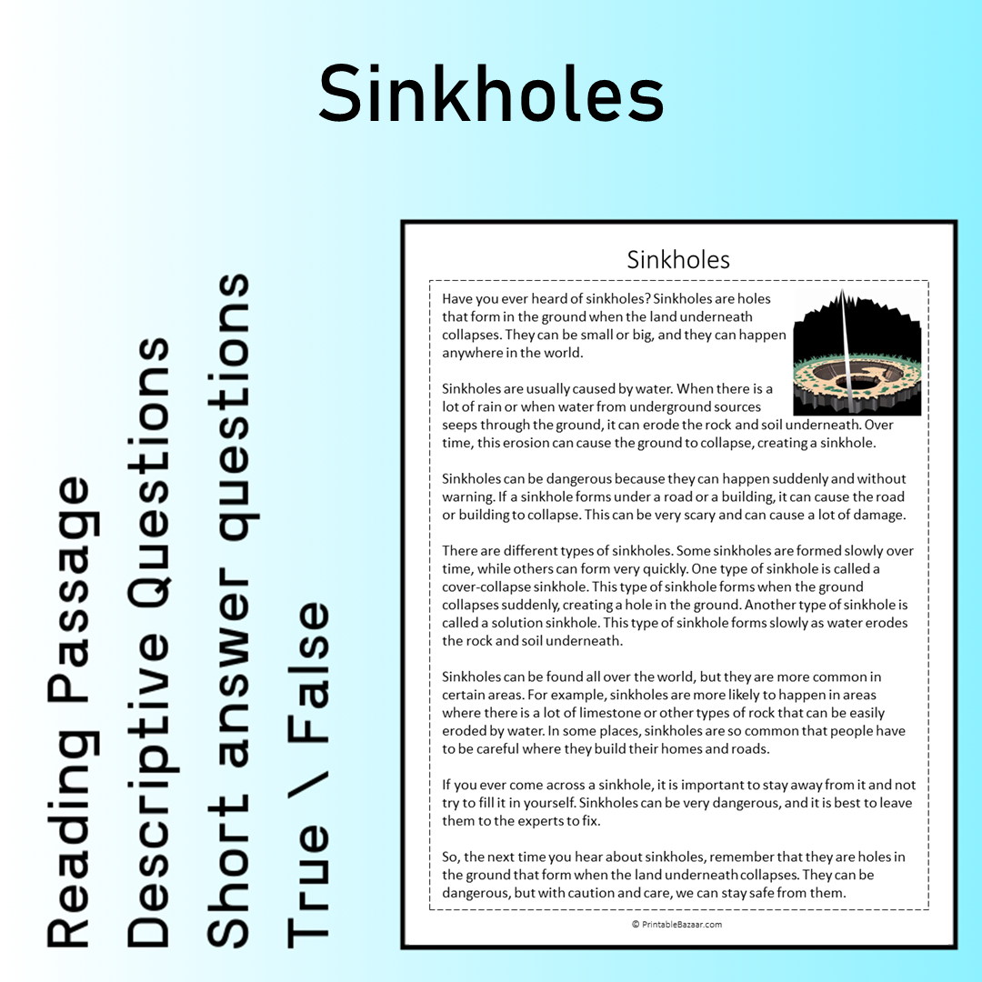 Sinkholes | Reading Comprehension Passage Printable Worksheet