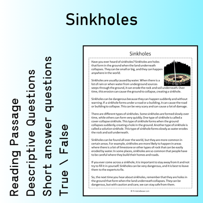 Sinkholes | Reading Comprehension Passage Printable Worksheet