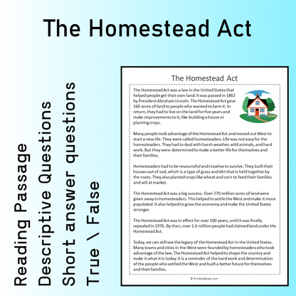 The Homestead Act | Reading Comprehension Passage Printable Worksheet