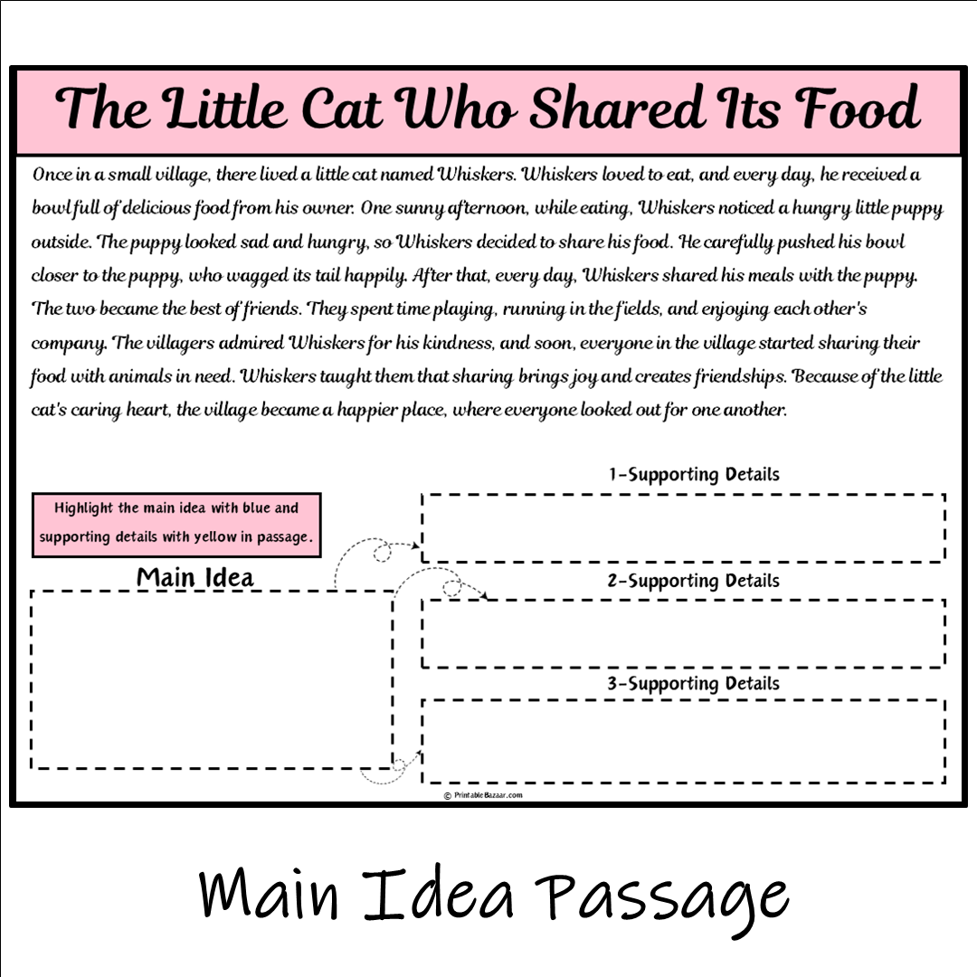 The Little Cat Who Shared Its Food | Main Idea and Supporting Details Reading Passage and Questions