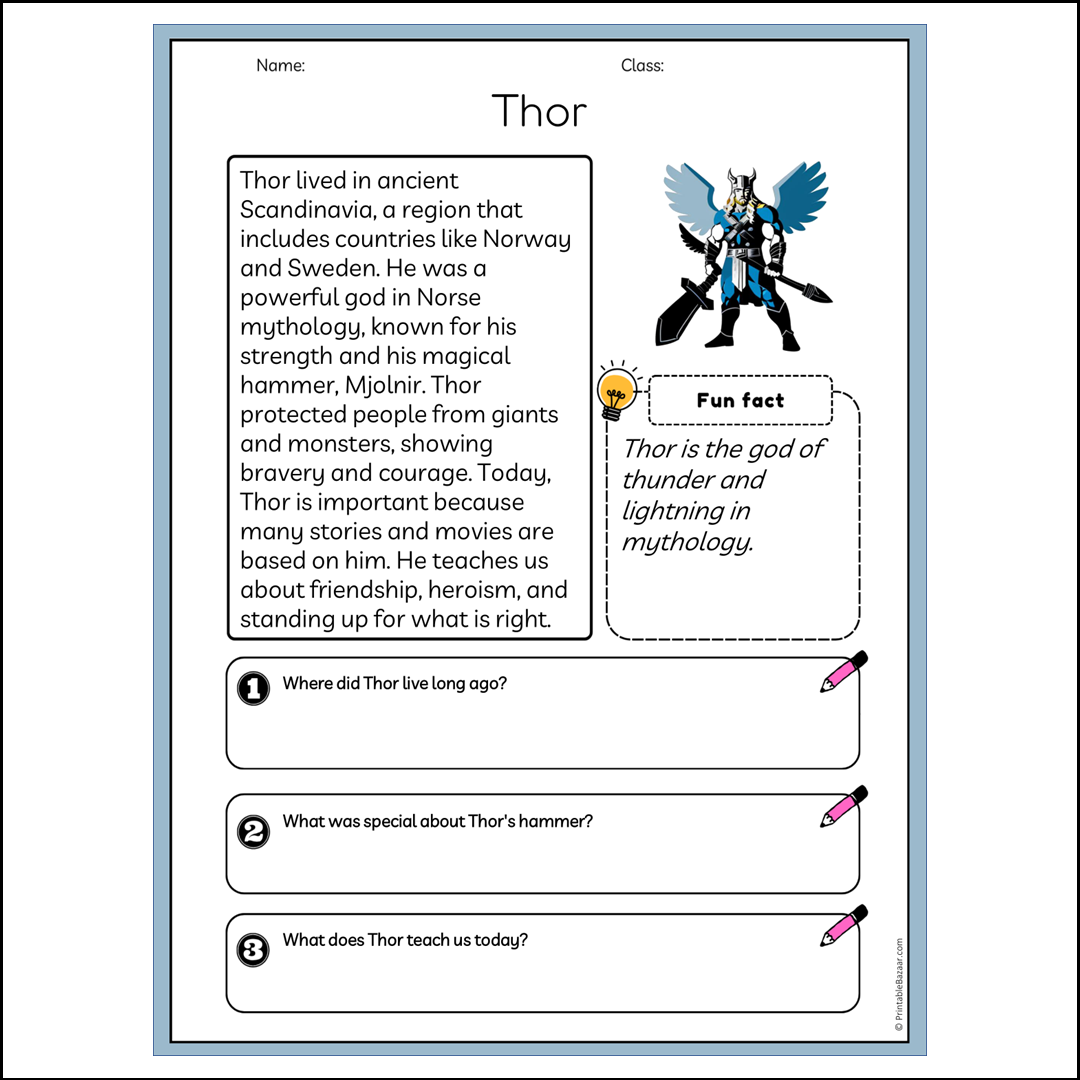 Thor | Reading Passage Comprehension Questions Writing Facts Worksheet