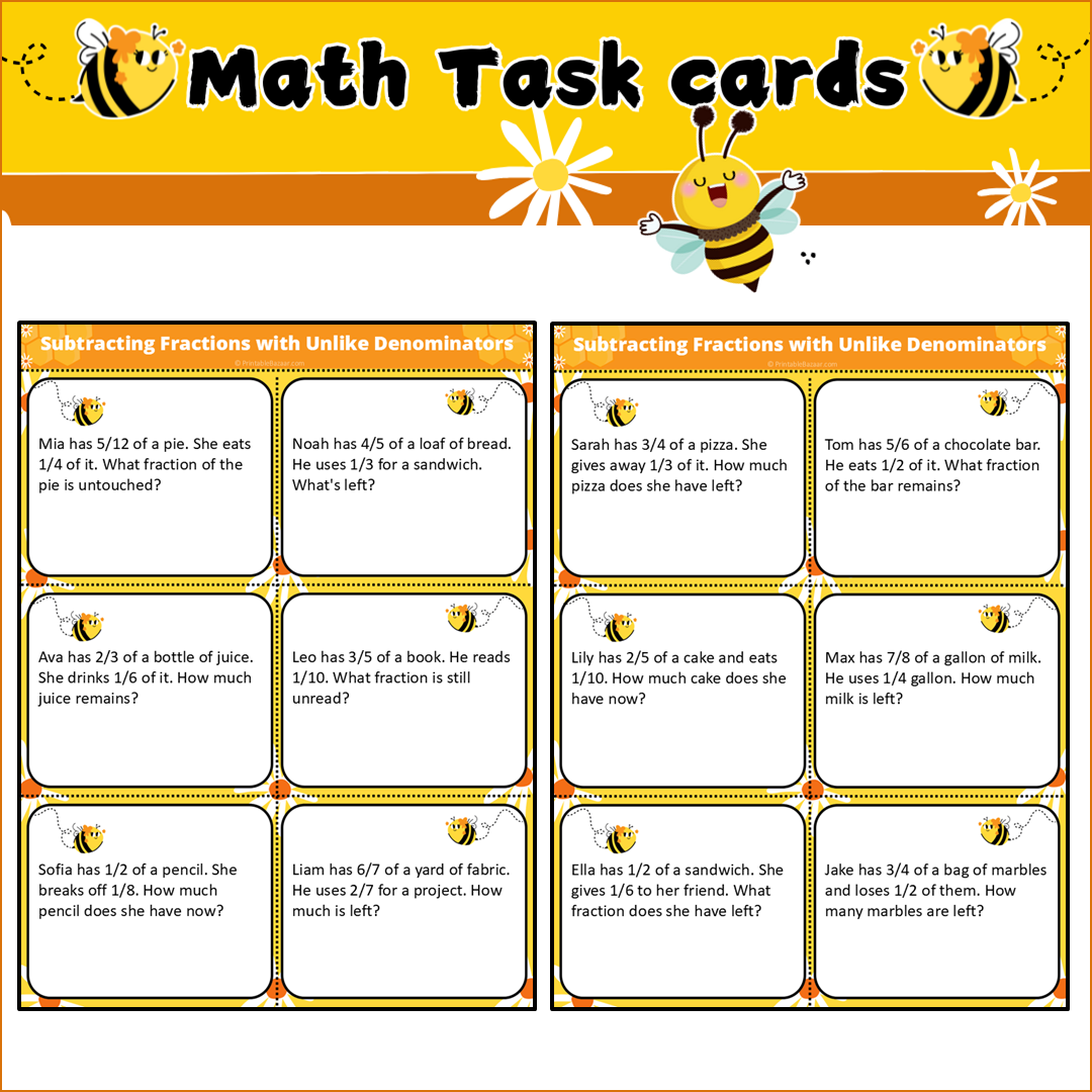 Subtracting Fractions with Unlike Denominators | Math Task Cards