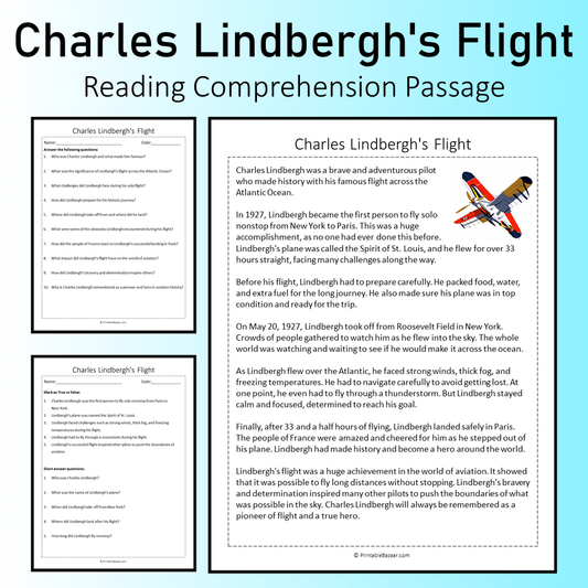 Charles Lindbergh's Flight | Reading Comprehension Passage Printable Worksheet