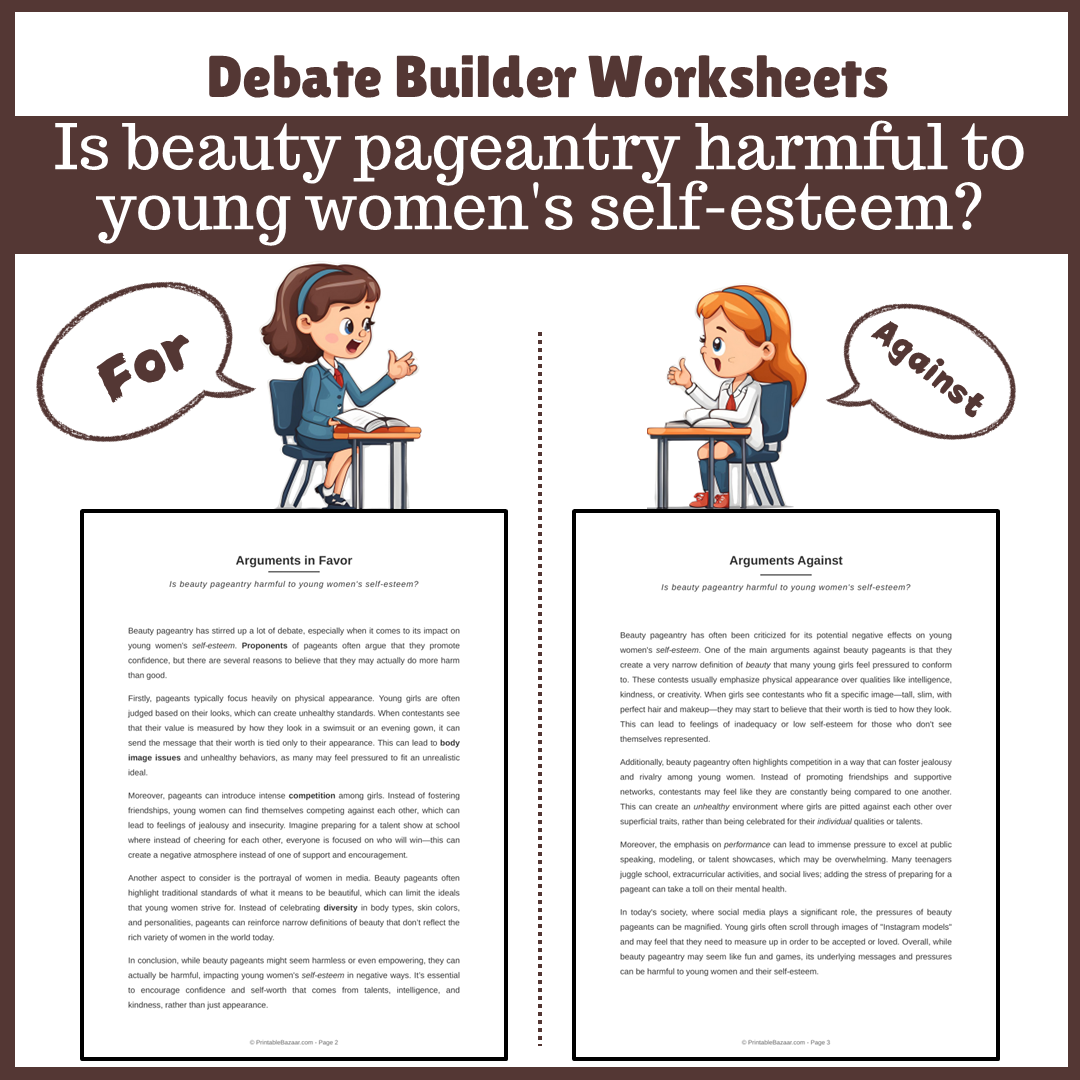 Is beauty pageantry harmful to young women's self-esteem? | Favour and Against Worksheet Printable Activity