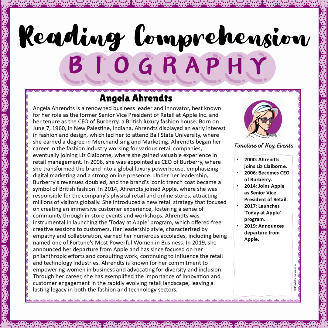 Angela Ahrendts | Biography Reading Comprehension and Questions Worksheet