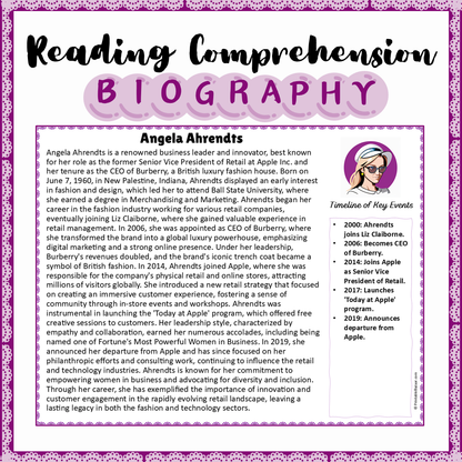 Angela Ahrendts | Biography Reading Comprehension and Questions Worksheet