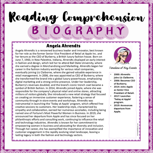 Angela Ahrendts | Biography Reading Comprehension and Questions Worksheet