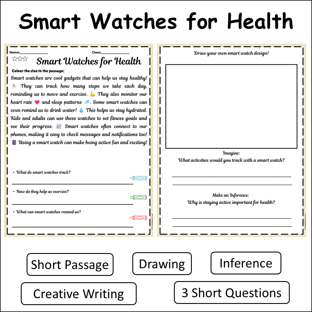 Smart Watches for Health | Short Reading Comprehension Creative Worksheet
