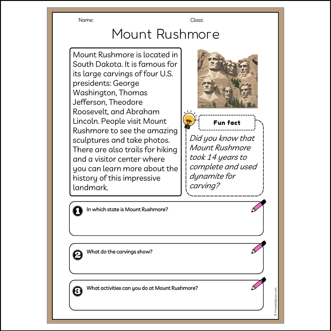Mount Rushmore | Reading Passage Comprehension Questions Writing Facts Worksheet