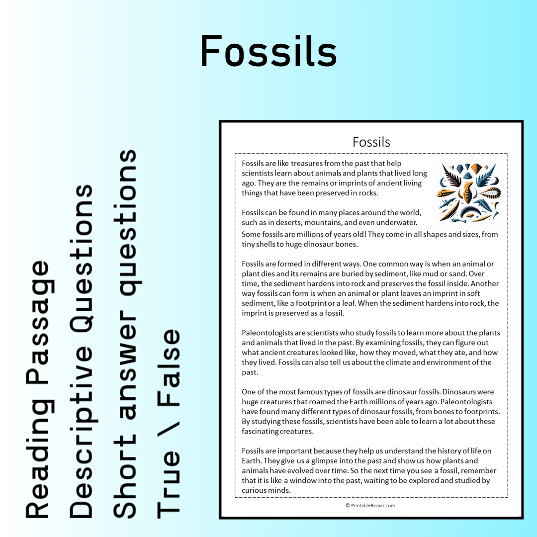 Fossils | Reading Comprehension Passage Printable Worksheet