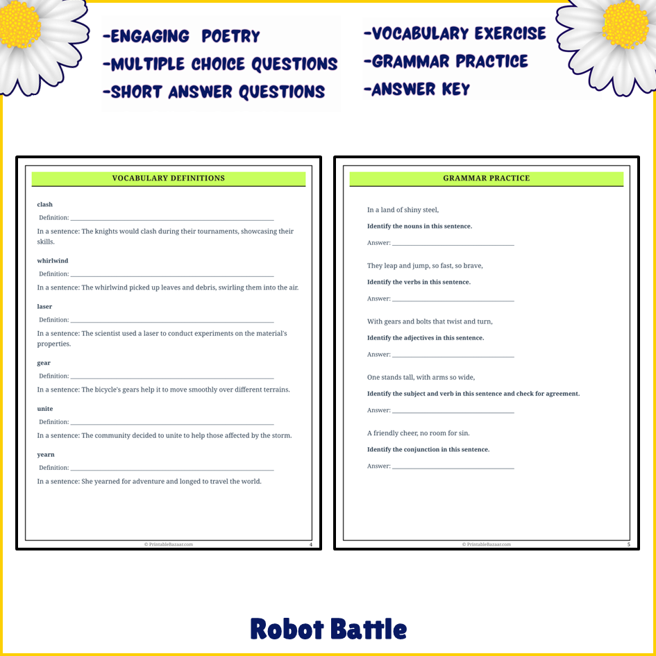 Robot Battle | Poem Grammar Worksheet Printable Activity