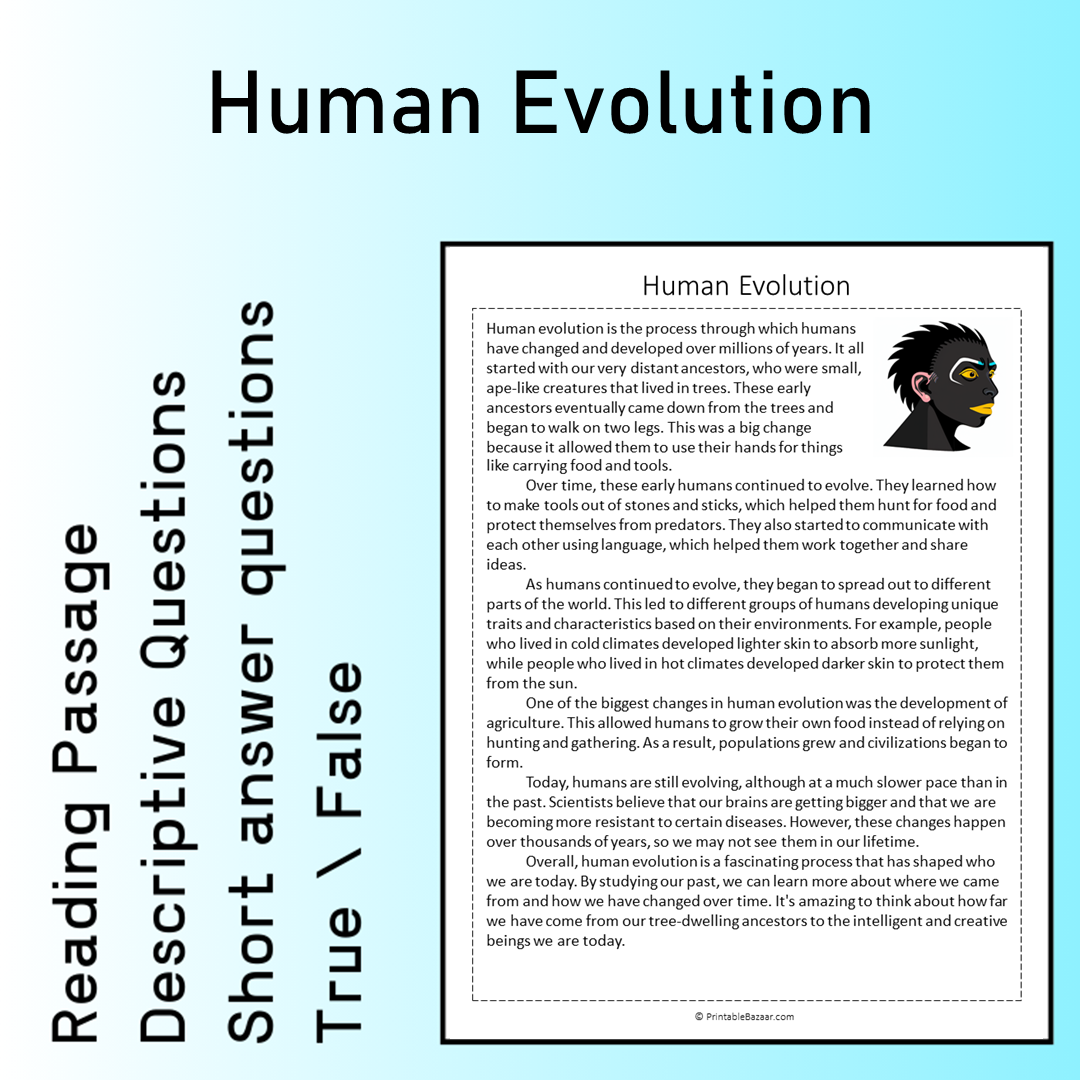 Human Evolution | Reading Comprehension Passage Printable Worksheet