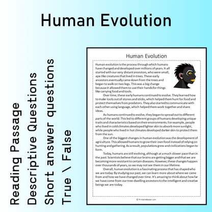 Human Evolution | Reading Comprehension Passage Printable Worksheet