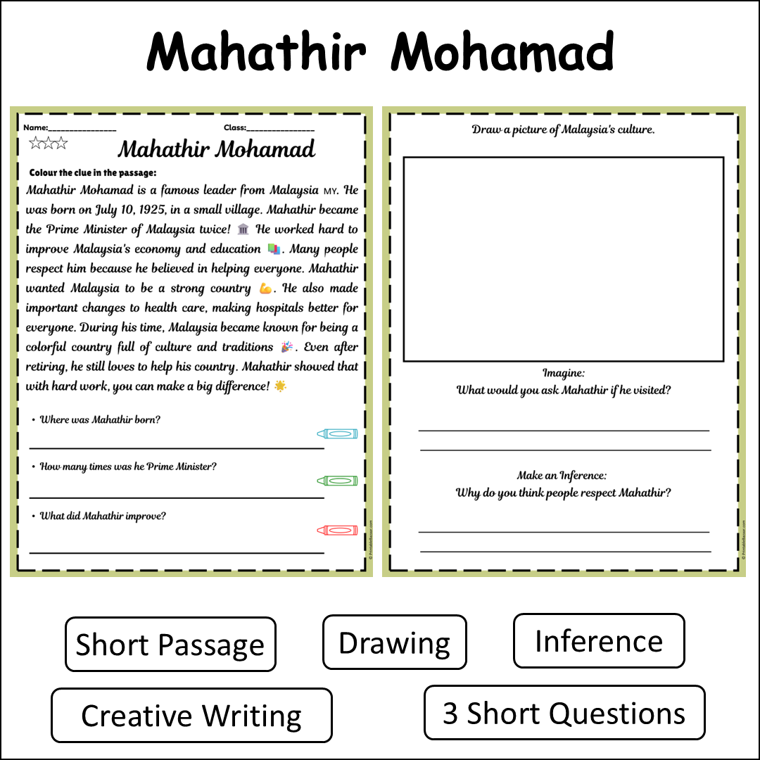 Mahathir Mohamad | Short Reading Comprehension Creative Worksheet