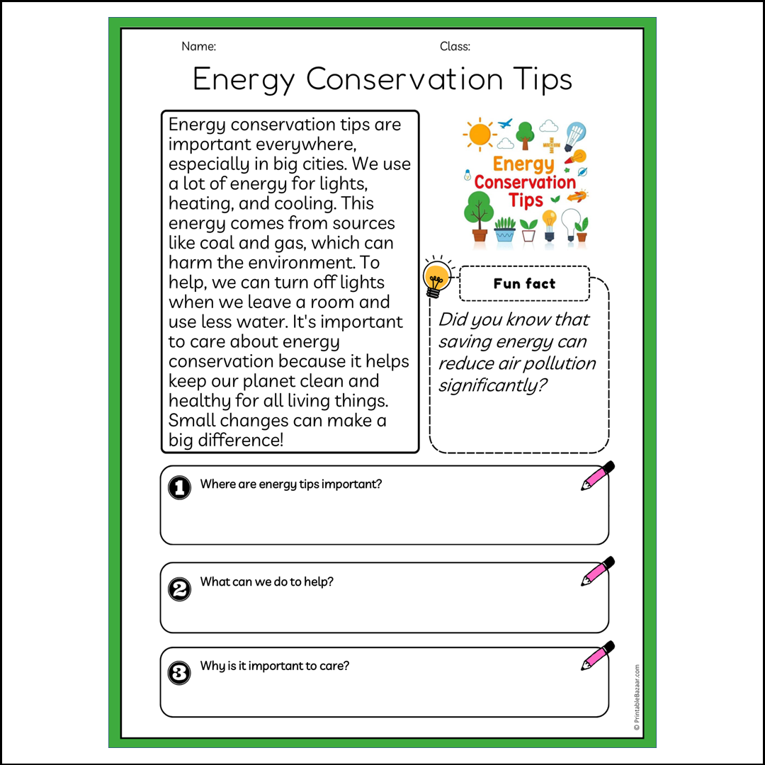 Energy Conservation Tips | Reading Passage Comprehension Questions Writing Facts Worksheet