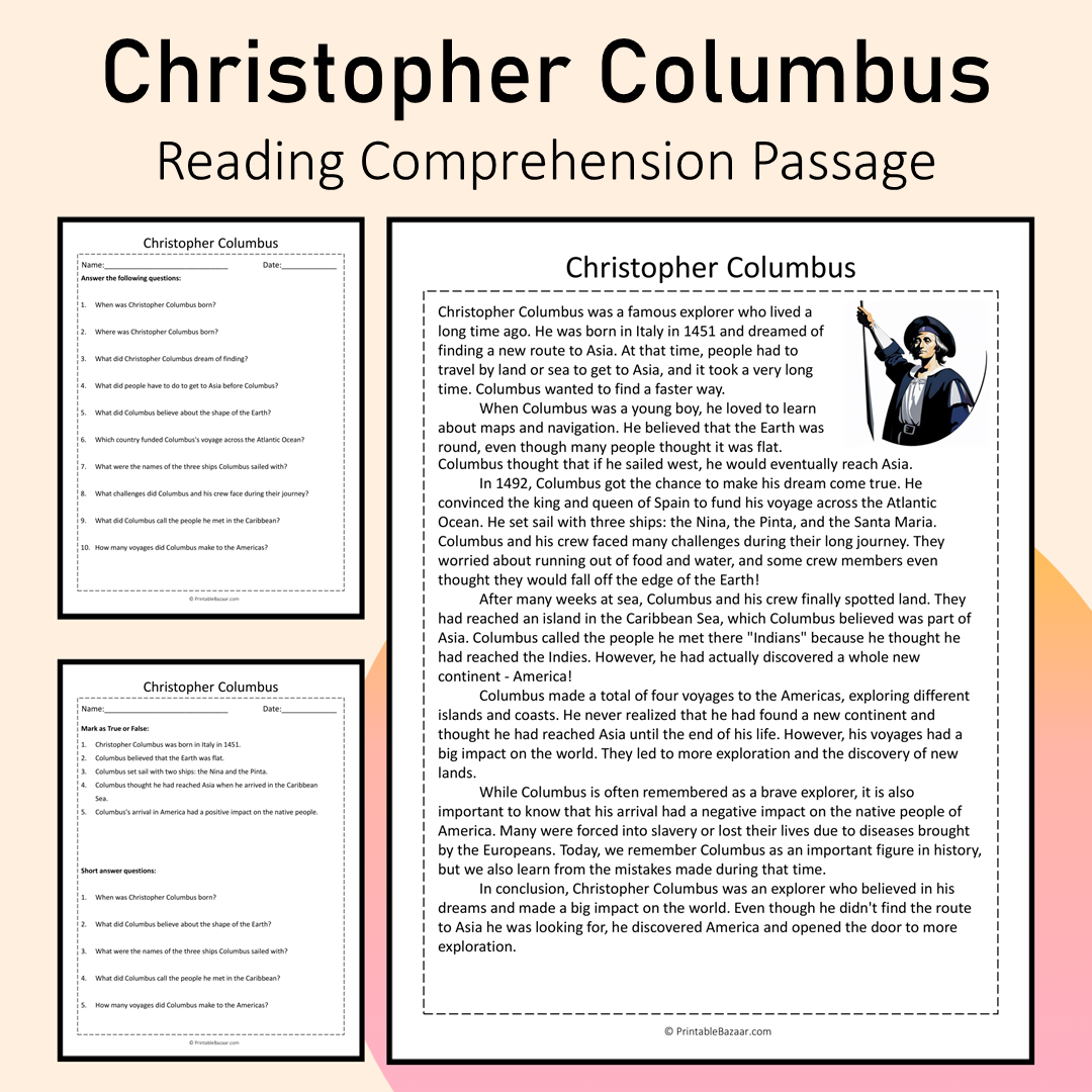 Christopher Columbus | Reading Comprehension Passage Printable Activity