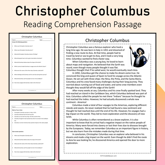Christopher Columbus | Reading Comprehension Passage Printable Activity