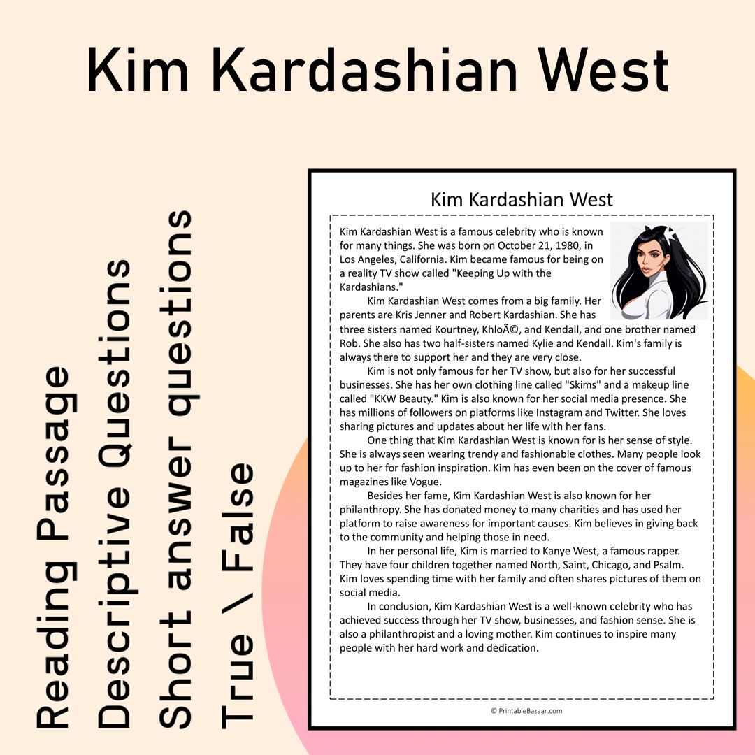 Kim Kardashian West | Reading Comprehension Passage Printable Activity