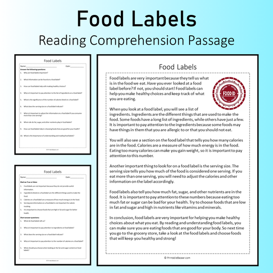 Food Labels | Reading Comprehension Passage Printable Worksheet