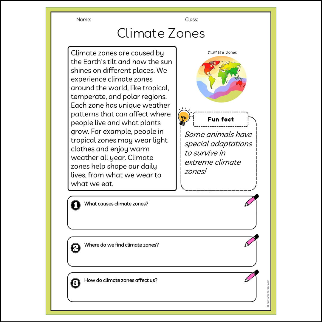 Climate Zones | Reading Passage Comprehension Questions Writing Facts Worksheet