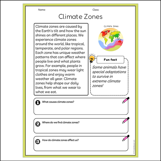 Climate Zones | Reading Passage Comprehension Questions Writing Facts Worksheet