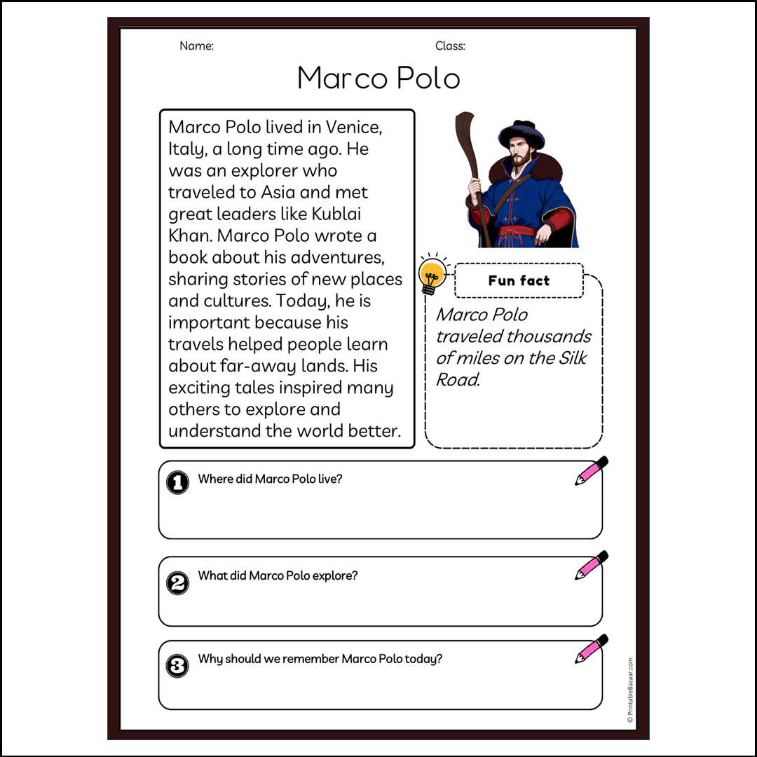 Marco Polo | Reading Passage Comprehension Questions Writing Facts Worksheet