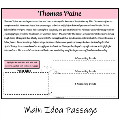 Thomas Paine | Main Idea and Supporting Details Reading Passage and Questions