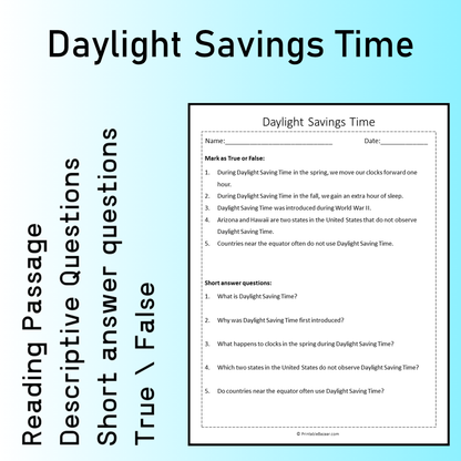 Daylight Savings Time | Reading Comprehension Passage Printable Worksheet