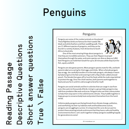 Penguins | Reading Comprehension Passage Printable Worksheet