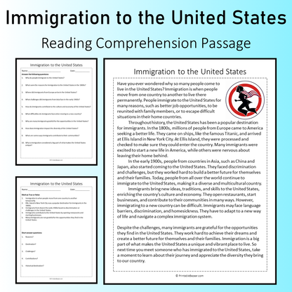 Immigration to the United States | Reading Comprehension Passage Printable Worksheet