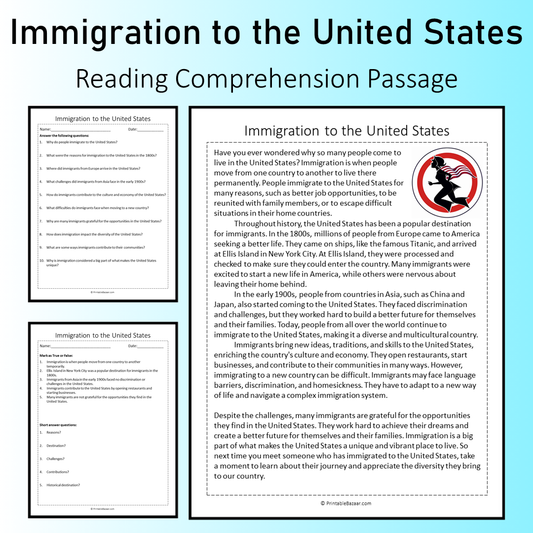 Immigration to the United States | Reading Comprehension Passage Printable Worksheet