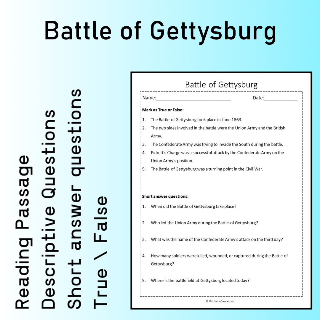 Battle of Gettysburg | Reading Comprehension Passage Printable Worksheet