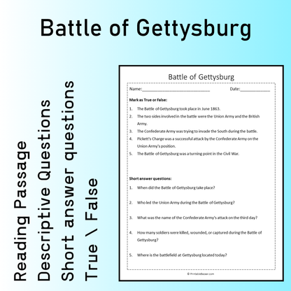Battle of Gettysburg | Reading Comprehension Passage Printable Worksheet