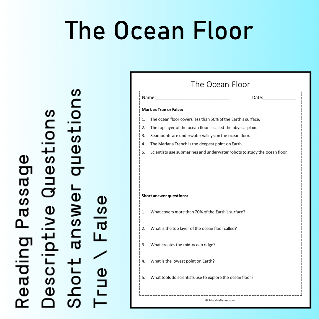 The Ocean Floor | Reading Comprehension Passage Printable Worksheet