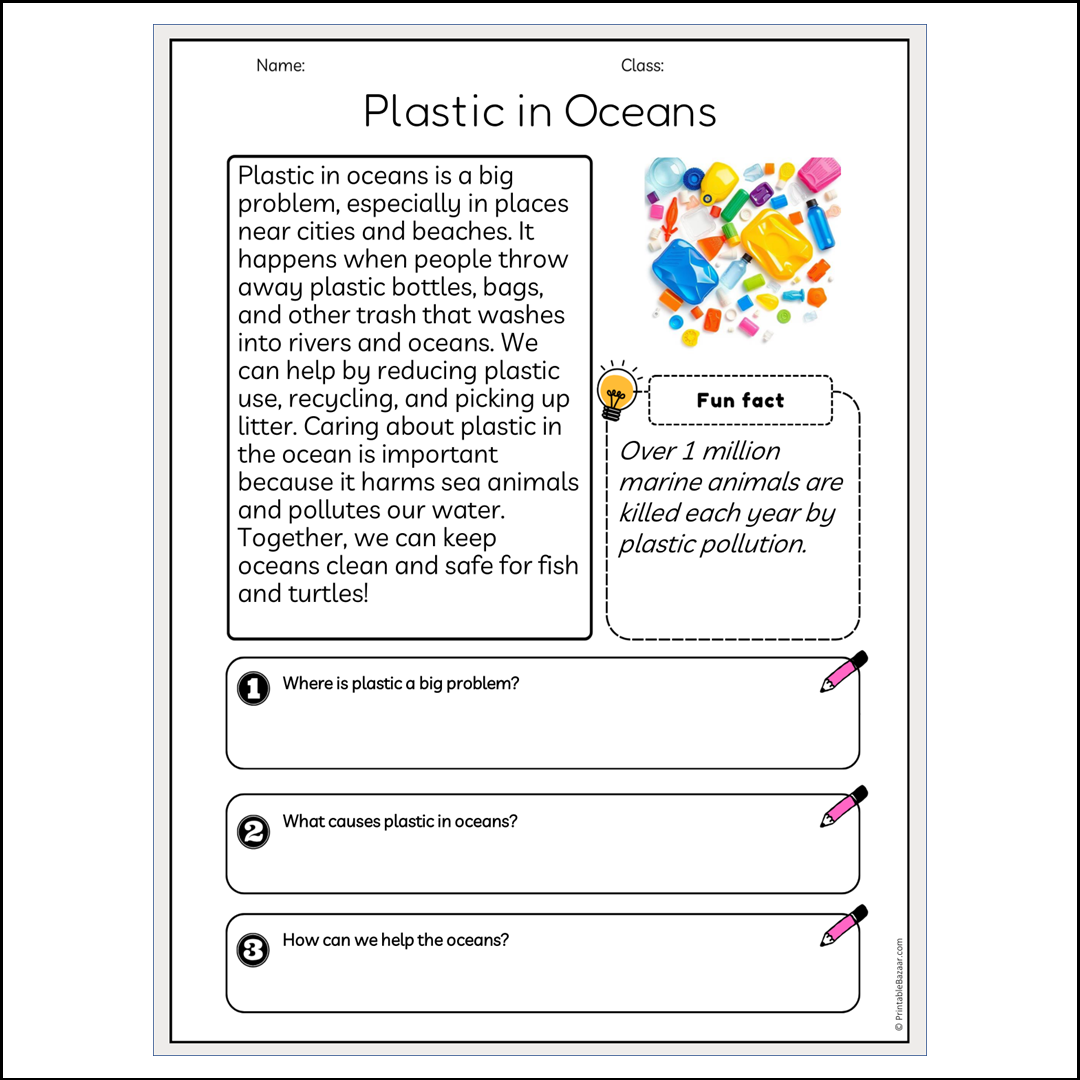 Plastic in Oceans | Reading Passage Comprehension Questions Writing Facts Worksheet