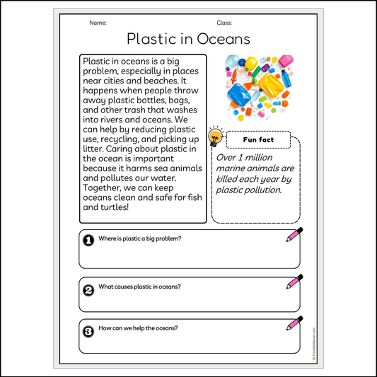 Plastic in Oceans | Reading Passage Comprehension Questions Writing Facts Worksheet