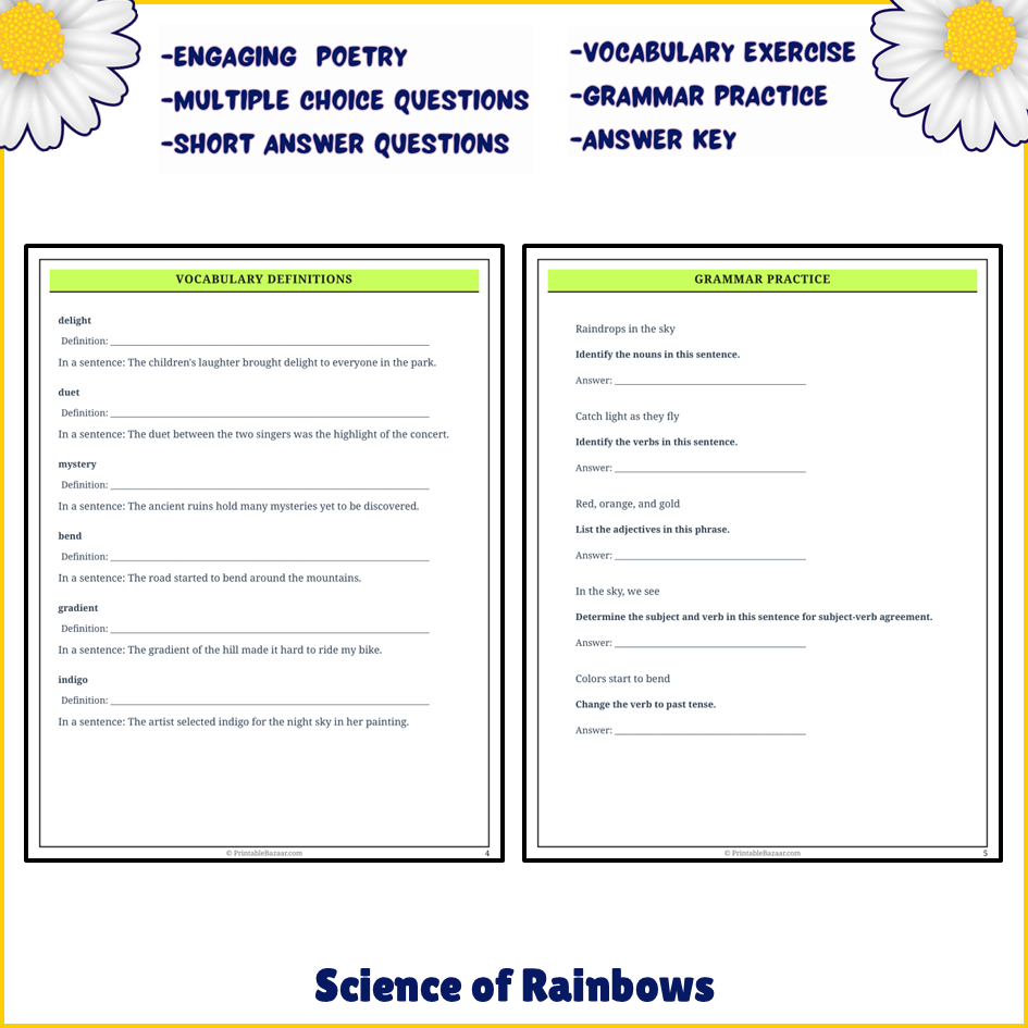 Science of Rainbows | Poem Grammar Worksheet Printable Activity