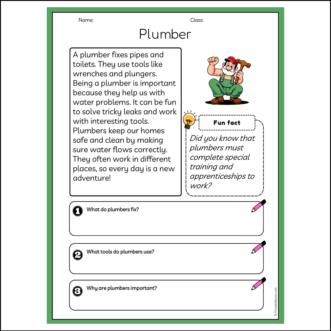 Plumber | Reading Passage Comprehension Questions Writing Facts Worksheet