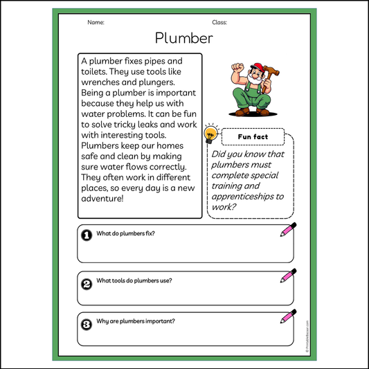 Plumber | Reading Passage Comprehension Questions Writing Facts Worksheet