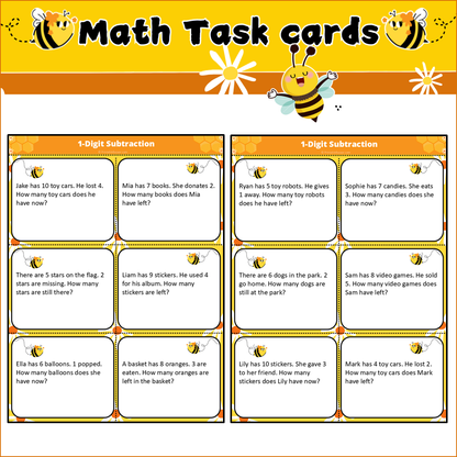 1-Digit Subtraction | Math Task Cards