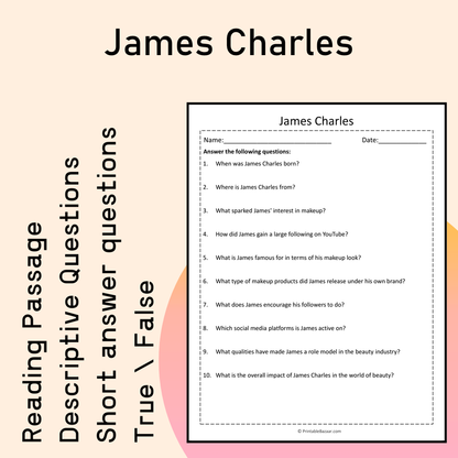 James Charles | Reading Comprehension Passage Printable Activity