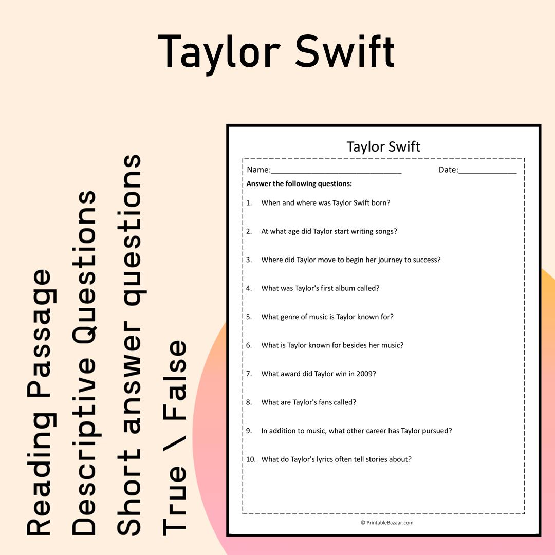 Taylor Swift | Reading Comprehension Passage Printable Activity