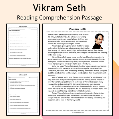 Vikram Seth | Reading Comprehension Passage Printable Activity