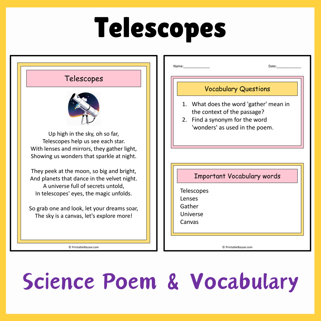 Telescopes | Science Poem Reading Comprehension Activity